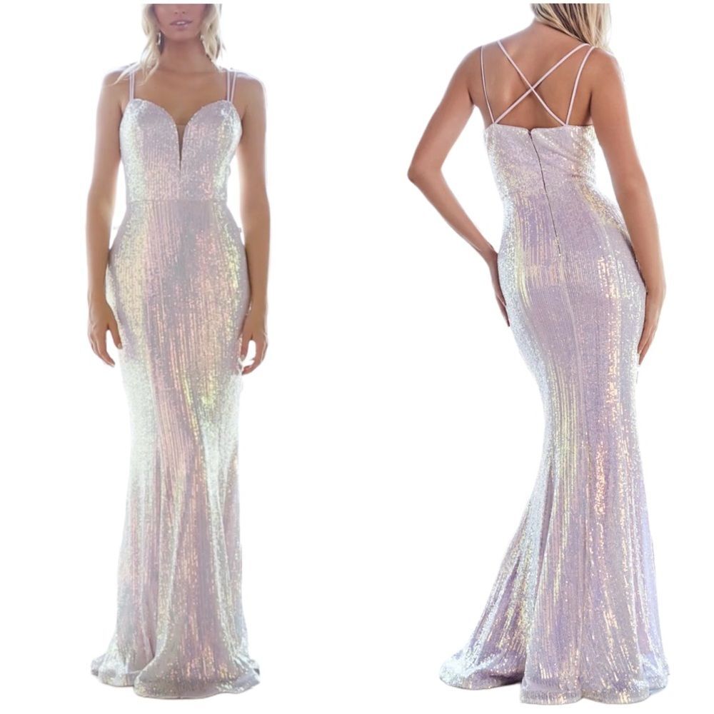 Cinderella Divine Womens Opal Champagne CH209 Backless Sequin Gown Dress Medium